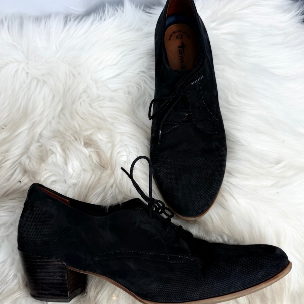 Tamaris Black Leather Perforated Lace Up Oxford Heels Anti-Shokk Size 42